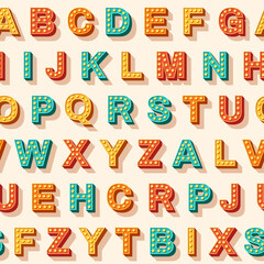 Cute English retro 3d alphabet seamless pattern. Vector illustration. Uppercase colorful letters for kids print, school carnival party, typography vintage background © kotoffei