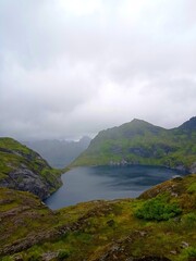 Munkebu hut hiking trail during arctic summer in mountains of Lofoten, Norway, Nordland
