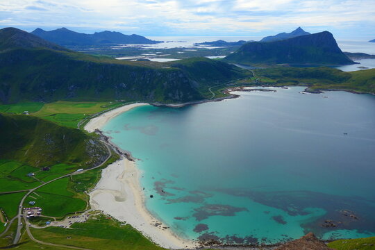 Haukland beach aerial view from Mannen summit in Lofoten islands, Norway, Nordland