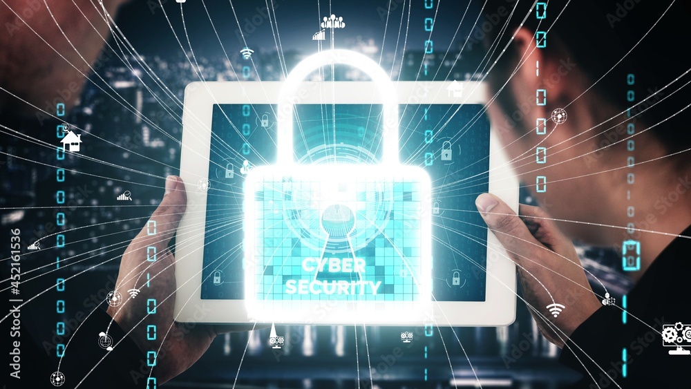 Poster cyber security encryption technology to protect data privacy conceptual . 3d render computer graphic