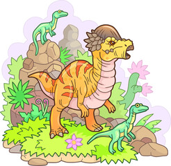 cartoon cute prehistoric dinosaur pachycephalosaurus, funny illustration