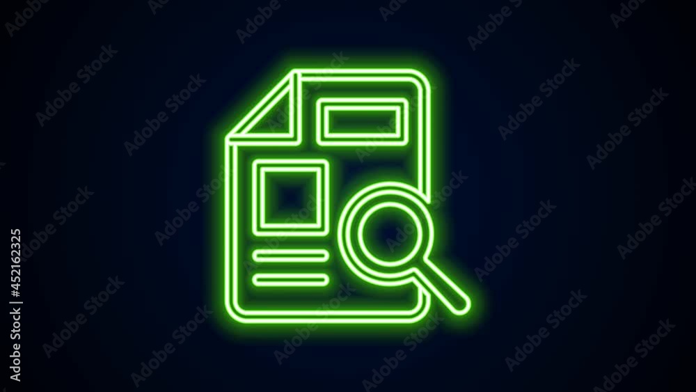 Poster glowing neon line document with graph chart icon isolated on black background. report text file icon