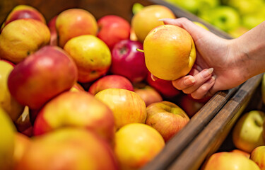 Woman's hand choosing apple on fruits shelf in supermarket