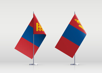 Mongolia flag state symbol isolated on background national banner. Greeting card National Independence Day of the Republic of Mongolia. Illustration banner with realistic state flag.