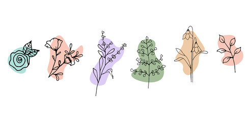 Obraz premium Hand drawn flowers and leaves in modern style, organic shapes. Doodle flowers and leaves. Vector illustration for card design phone wallpapaer and other.