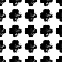 Vector Plaid Brush Seamless Pattern Grange Minimalist Check Geometric Design in Black Color. Modern Grung Collage Background for kids fabric and textile