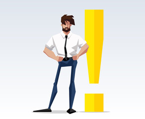 flat illustration design character businessman a man with a beard is standing with a yellow exclamation mark and thinks. Flat Businessman. illustration of attention Isolated on white background