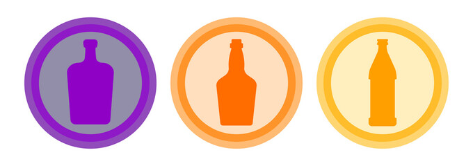 Bottle of liquor, whiskey, beer. Background is circle. Isolated color object design beverage. Graphic illustration in flat style. Simple icon for restaurant, pub, party