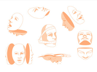 Flat Vector illustration of planes. Human masks with emotions symbolize of human mood. Psychology, psychotherapy, symbolism, theater 