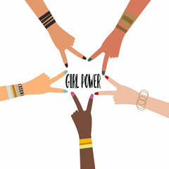 Ethnic women hands showing a star with fingers. An illustration of peace, love, feminine power and solidarity. A celebration of empower women hand sign and symbol.Feminism, girl power concept.