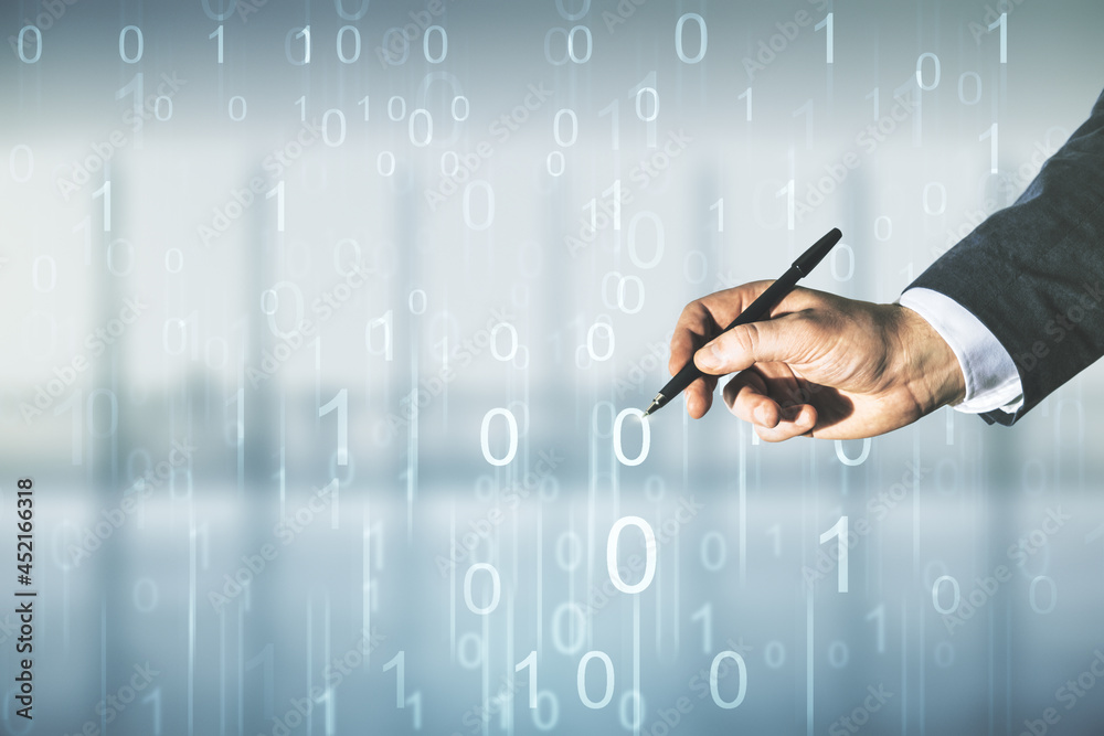 Aufkleber Man hand with pen working with abstract virtual binary code hologram on blurred office background, AI and machine learning concept. Multiexposure