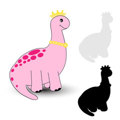 A pink dinosaur wearing a crown and necklace with her shadow