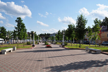 Square with lanterns in the center of Bryansk. Panorama of the square. July 30, 2021, Bryansk, Russia.