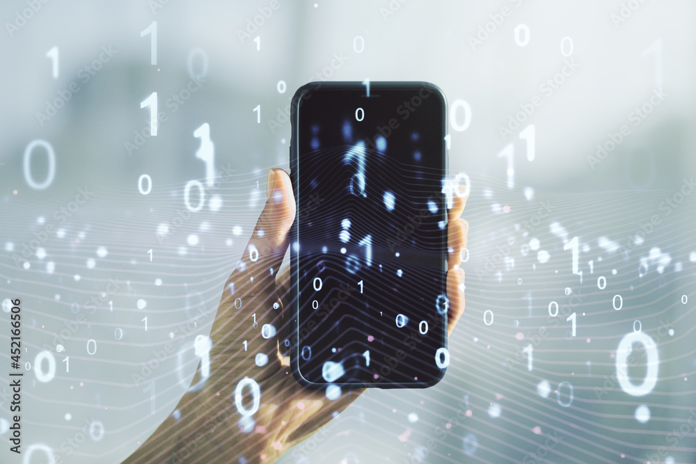 Poster creative concept of binary code illustration and hand with phone on background. big data and coding 