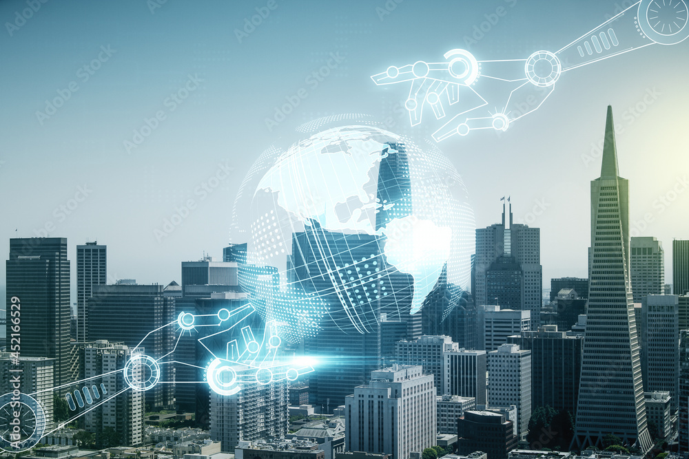 Aufkleber double exposure of abstract virtual robotics technology with world map hologram on san francisco cit