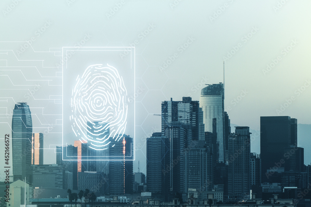 Poster Multi exposure of virtual abstract fingerprint illustration on Los Angeles city skyline background, digital access concept