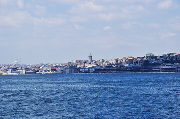 Fototapeta premium Panorama of the Bosphorus. Coastline and view of the Galata tower. Summer, morning.