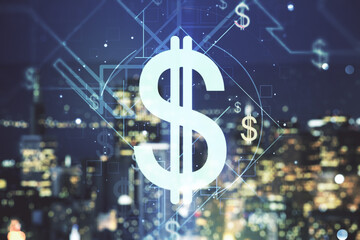 Double exposure of virtual USD symbols hologram on blurry cityscape background. Banking and investing concept