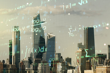 Scientific formula hologram on Manhattan cityscape background, research concept. Multiexposure