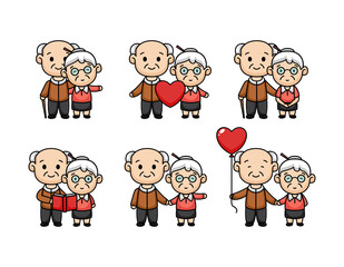 Set of cute cartoon of couple elder in Valentine's Day