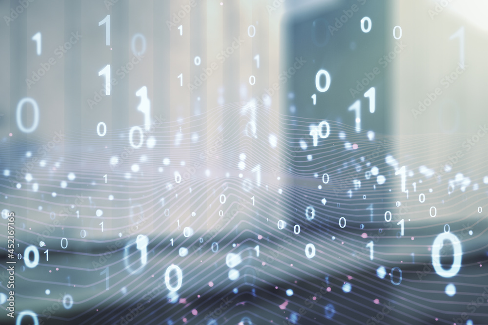 Leinwandbilder Abstract virtual binary code illustration on blurry modern office building background. Big data and coding concept. Multiexposure