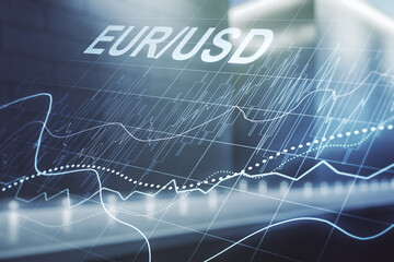 Abstract virtual EURO USD financial chart illustration on blurry modern office building background. Trading and currency concept. Multiexposure