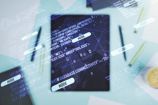 Multi exposure of abstract graphic coding sketch with world map and modern digital tablet on desktop on background, top view, big data and networking concept - Powered by Adobe