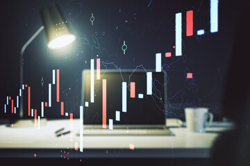 Multi exposure of abstract creative financial chart on computer background, research and analytics concept