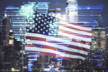 Multi exposure of abstract creative digital world map hologram on USA flag and blurry cityscape background, tourism and traveling concept