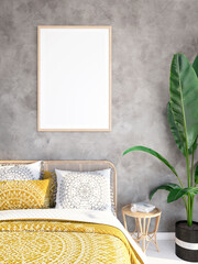 Frame Mockup, bedroom interior mockup, bedroom interior background, yellow bedroom, 3d render, plant and decor