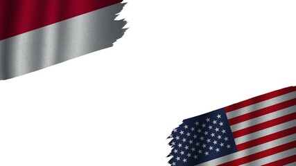 United States of America and Indonesia Flags Together, Wavy Fabric Texture Effect, Obsolete Torn Weathered, Crisis Concept, 3D Illustration