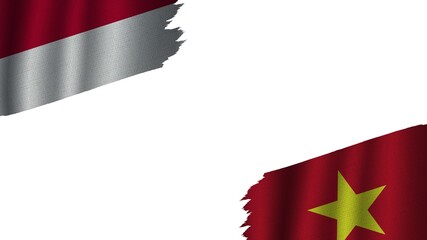 Vietnam and Indonesia Flags Together, Wavy Fabric Texture Effect, Obsolete Torn Weathered, Crisis Concept, 3D Illustration
