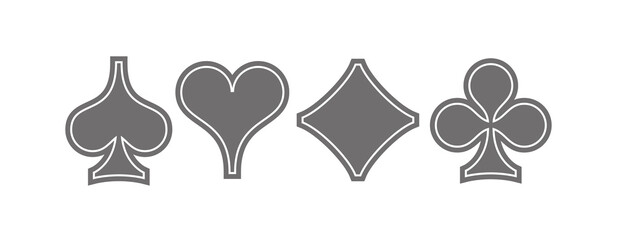 Set diamonds, clovers, hearts, spades Playing card suits icons template gray editable. High quality shape Playing card suit symbol pictogram for web design or mobile app isolated on white background