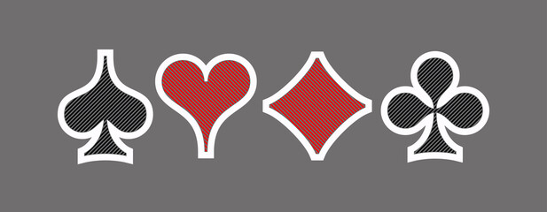 Icons Set shape diamonds, clovers, hearts, spades Four Playing card suits icons template. High quality outline Playing card suit shape symbol pictogram for web design or mobile app on gray background