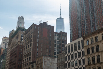 Old and Modern Buildings and Skyscrapers along a Street in Lower Manhattan of New York City