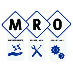 MRO - Maintenance, Repair, and Operations acronym. business concept background.  vector illustration concept with keywords and icons. lettering illustration with icons for web banner, flyer, landing 