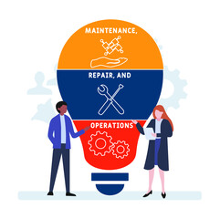 Flat design with people. MRO - Maintenance, Repair, and Operations acronym. business concept background. Vector illustration for website banner, marketing materials, business presentation, online adve - obrazy, fototapety, plakaty