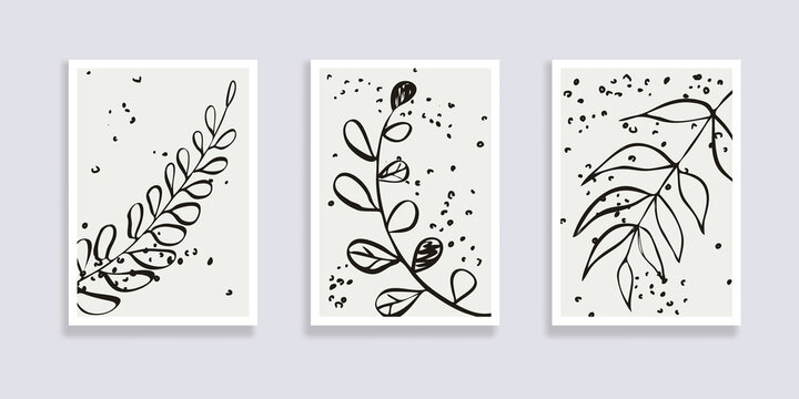 Trendy set of abstract black white leaves and abstract forms. Minimal botanical wall art. Mid century modern graphic. Plant art design for social media, blog post, print, cover, wallpaper. Vector