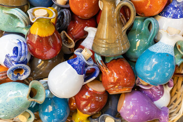 Mediterranean style ceramic oil jugs, background