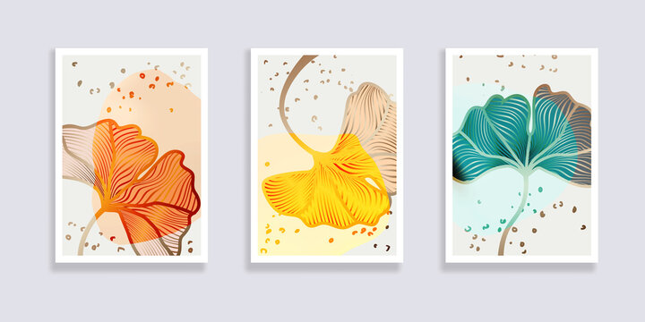 Trendy set of minimalist abstract leaves and abstract forms. Minimal botanical wall art. Mid century modern graphic. Plant art design for social media, blog post, print, cover, wallpaper. Vector