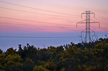 Beautiful early morning view of power lines with electricity transmission pylon against epic purple sunrise sky in Ticknock Forest National Park, County Dublin, Ireland. Soft and selective focus