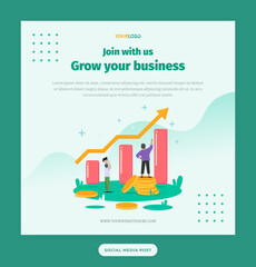 Social Media Post Template, Grow Business with statistics illustration, character, coin dollar, for business infographic illustration template etc