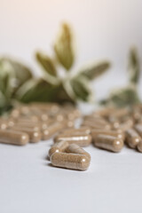 Fototapeta na wymiar Vitamine E capsules on a white background