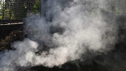 Fototapeta na wymiar Smokey background. Clouds of thick smoke rising up from bonfire outdoors. Blur gray smoke texture