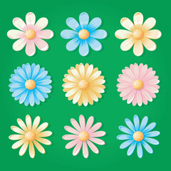 A colorful set of cute pastel flowers on a green background