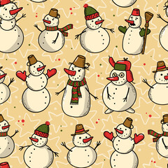 cute christmas seamless pattern with hand drawn snowmen for gift wrapping paper, textile prints, kids apparel, scrapbooking, wallpaper, etc.