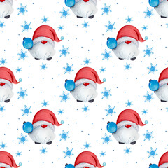 Seamless new year pattern with hand drawn watercolor elements gnome and snowflakes. New year and christmas concept