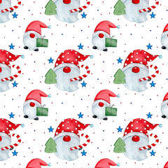 Seamless new year pattern with hand drawn watercolor elements gnome and snowflakes. New year and christmas concept