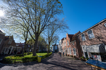 Fototapeta na wymiar City view on old medieval houses in small historical town Veere in Netherlands, province Zeeland