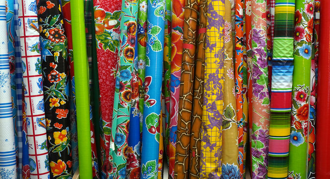 Colorful bright display of oilcloth fabric.  